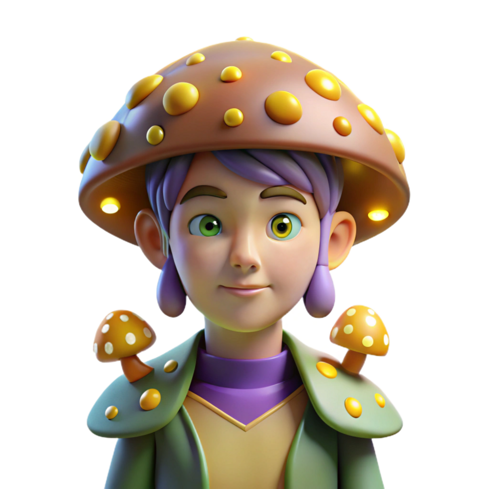 hypnotic nostalgic minimalist Portrait of a whimsical mushroom person with glowing spores, forest floor lighting, fairytale style high resolution png