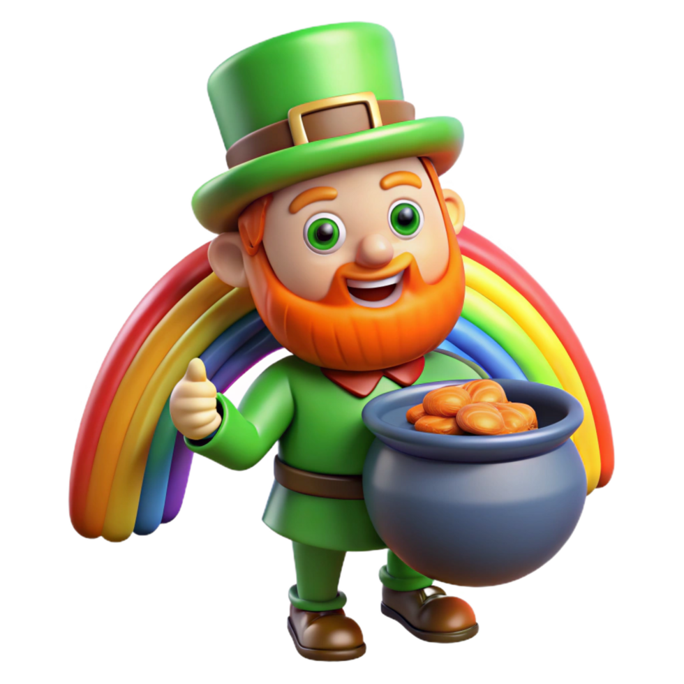 spectacular dynamic contemporary A mischievous leprechaun guarding his pot of gold at the end of a rainbow, vibrant colors, Irish folklore style luxury png