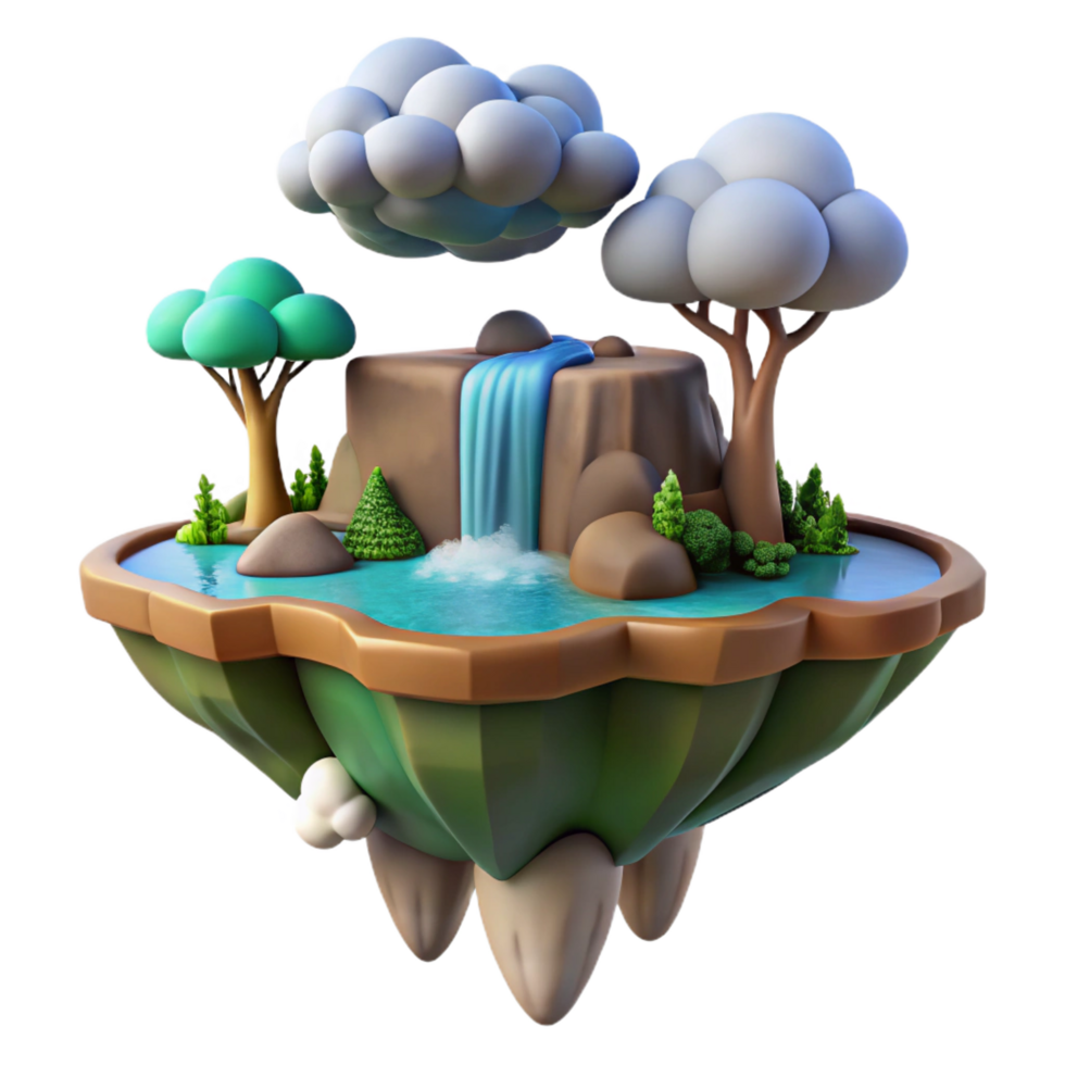 serene abstract A floating island in the sky, connected to the ground by a waterfall, whimsical style, fantasy art, masterfully captured png