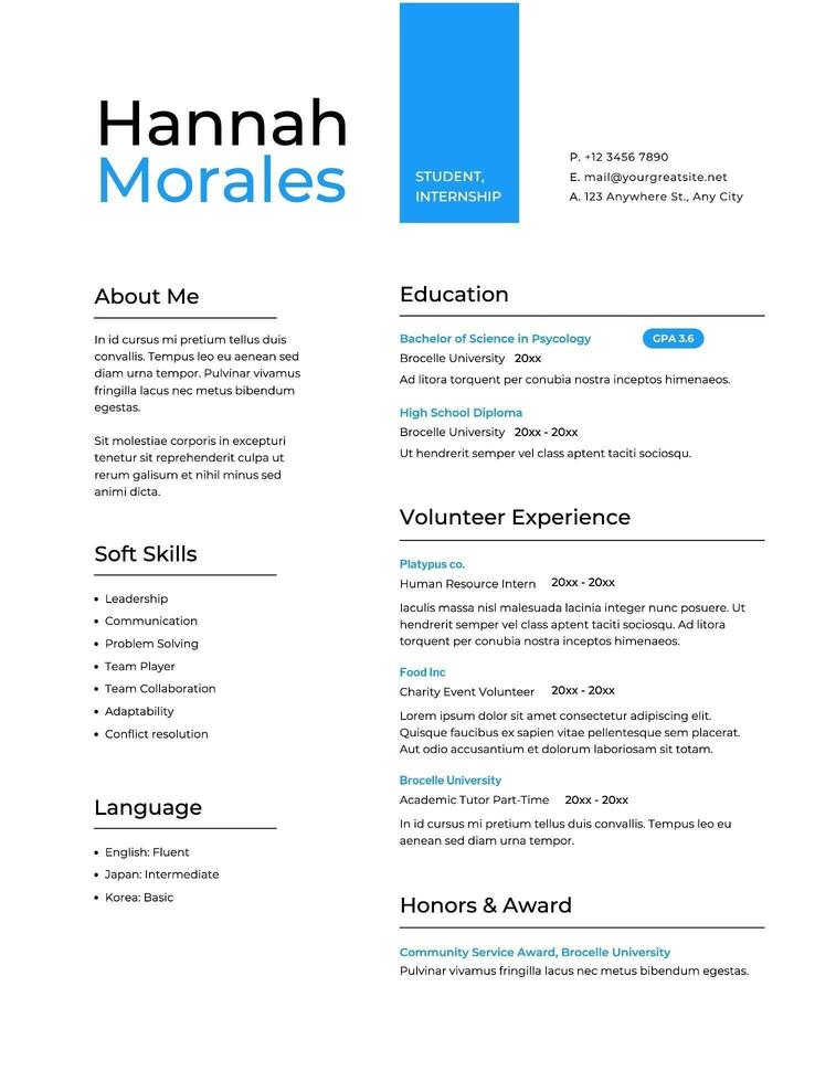 Minimalist White Blue Student Internship Resume template