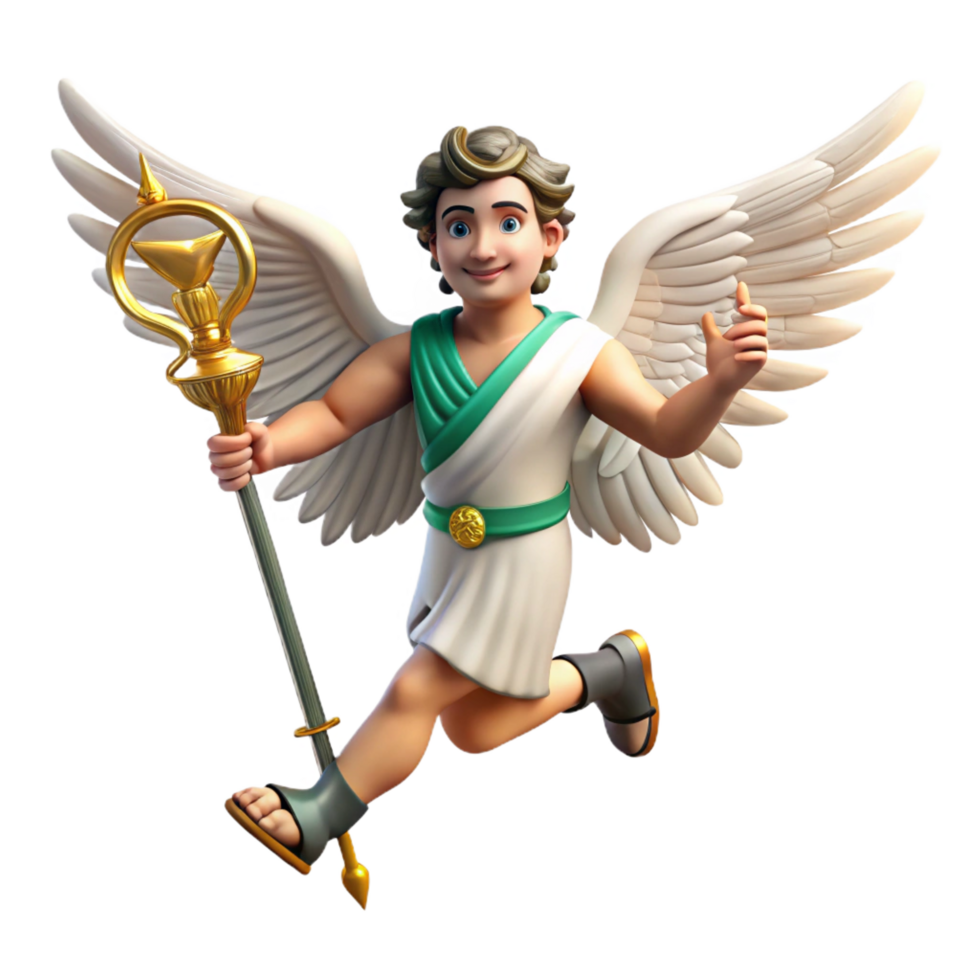 ethereal dramatic A swift Hermes wearing winged sandals, caduceus staff, dynamic pose, classical style authentic png