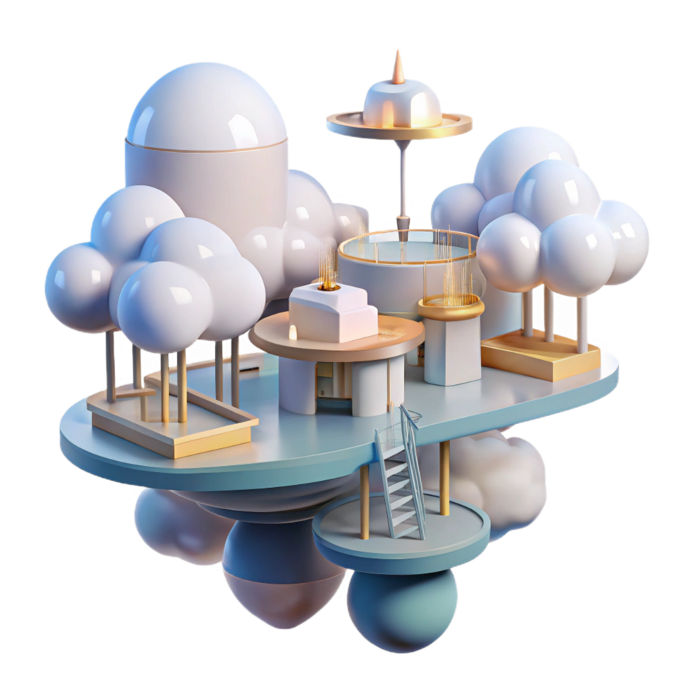 nostalgic sumptuous A cloud city with floating platforms and interconnected walkways, dreamlike atmosphere, soft lighting, museum quality png