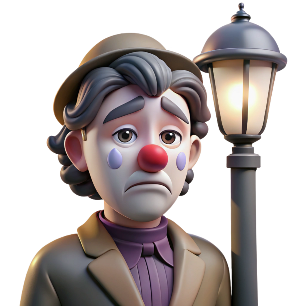 intense serene Portrait of a melancholic clown with fading makeup, a single tear rolling down their cheek, and a wistful expression, lit by a dim streetlamp, in a dramatic style refined png