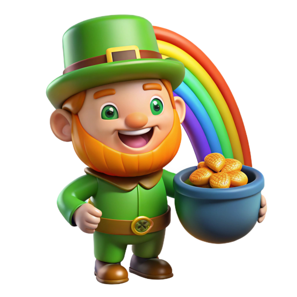 iconic classic A mischievous leprechaun hiding a pot of gold at the end of a rainbow, vibrant colors, cartoon style expertly shot png