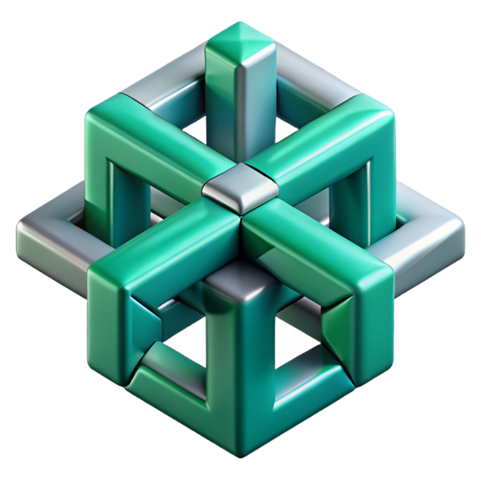 quintessential renaissance A dynamic composition of intersecting planes and lines, with a metallic texture and a cool, blue green color scheme. Isometric perspective detailed png