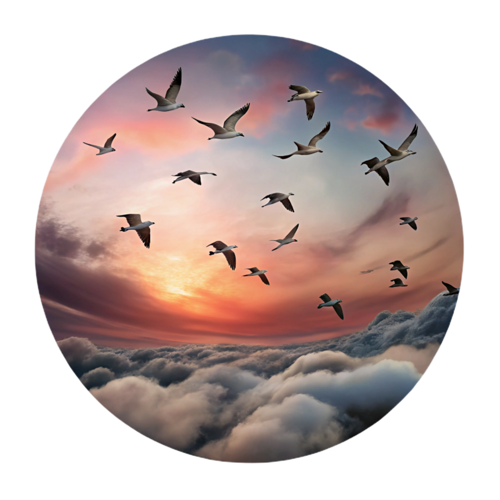 picturesque joyful geometric A flock of migratory birds flying in formation against a dramatic sunset sky, painted in a romantic style authentic png
