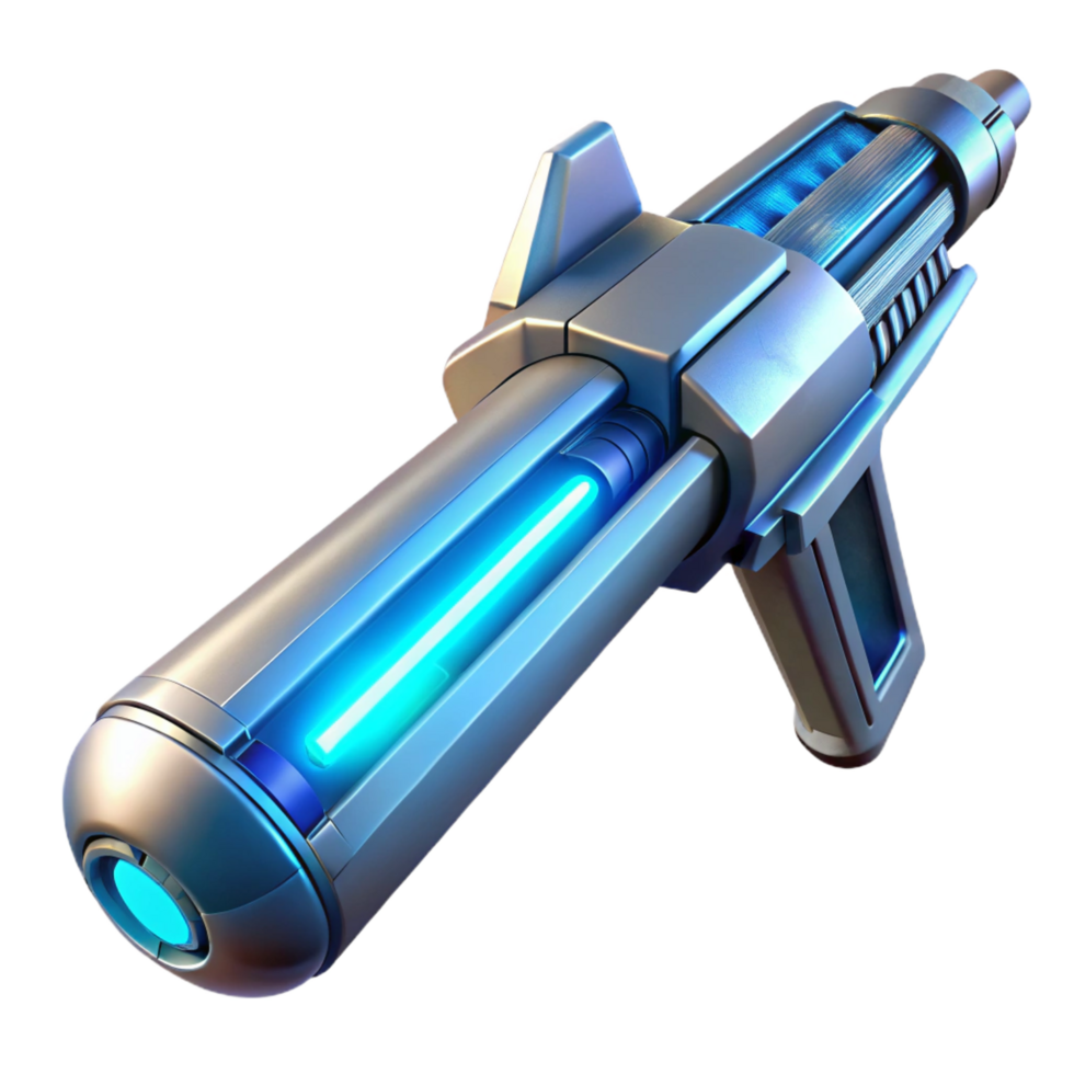 ethereal captivating A futuristic weapon, sleek and metallic, emitting a faint blue glow, illuminated by a cool, neon light, sci fi style precision png
