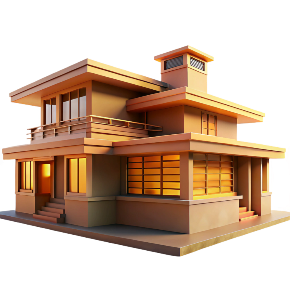 fascinating bold retro A Frank Lloyd Wright inspired prairie house with horizontal lines and natural materials, warm afternoon sunlight, architectural rendering style gallery standard png