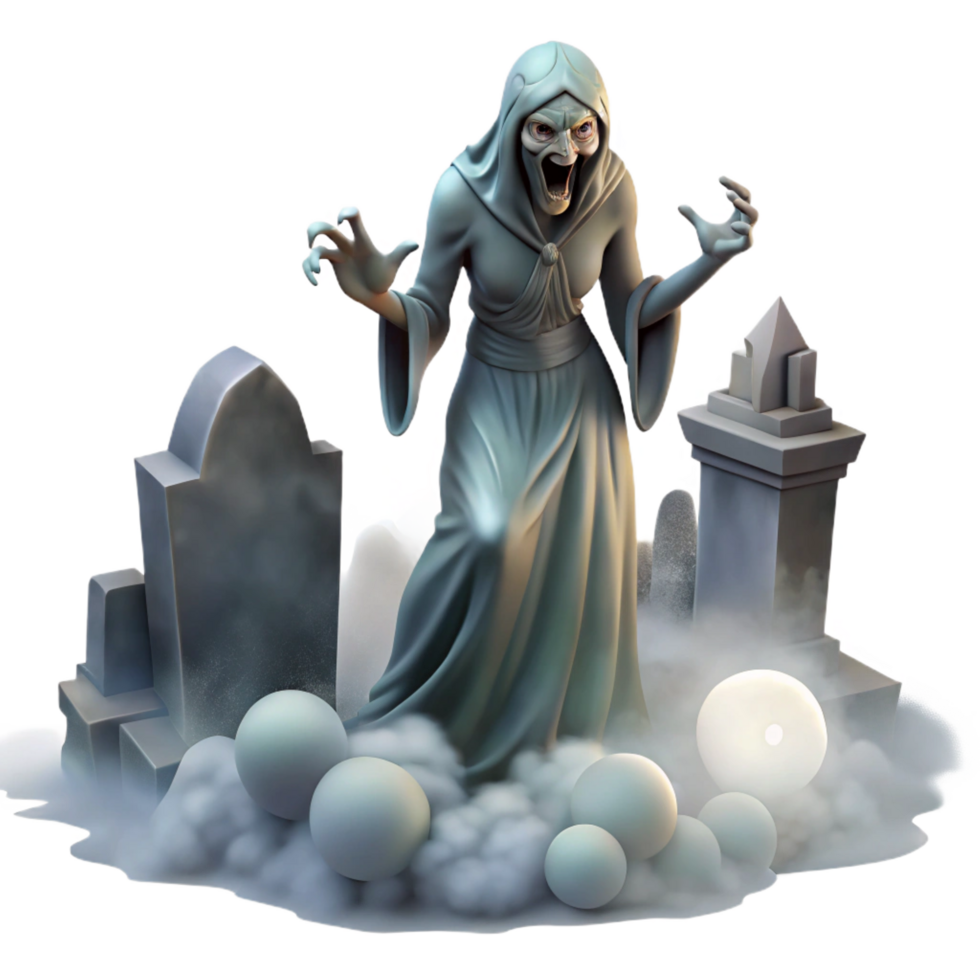 quintessential traditional A mysterious Banshee wailing in a foggy graveyard, moonlight filtering through the mist, Gothic horror style detailed png