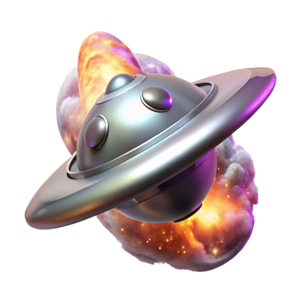 coveted retro A sleek, silver spaceship drifting through a nebula, vibrant cosmic dust swirling around it, illuminated by the distant glow of a supernova, art nouveau style high resolution png