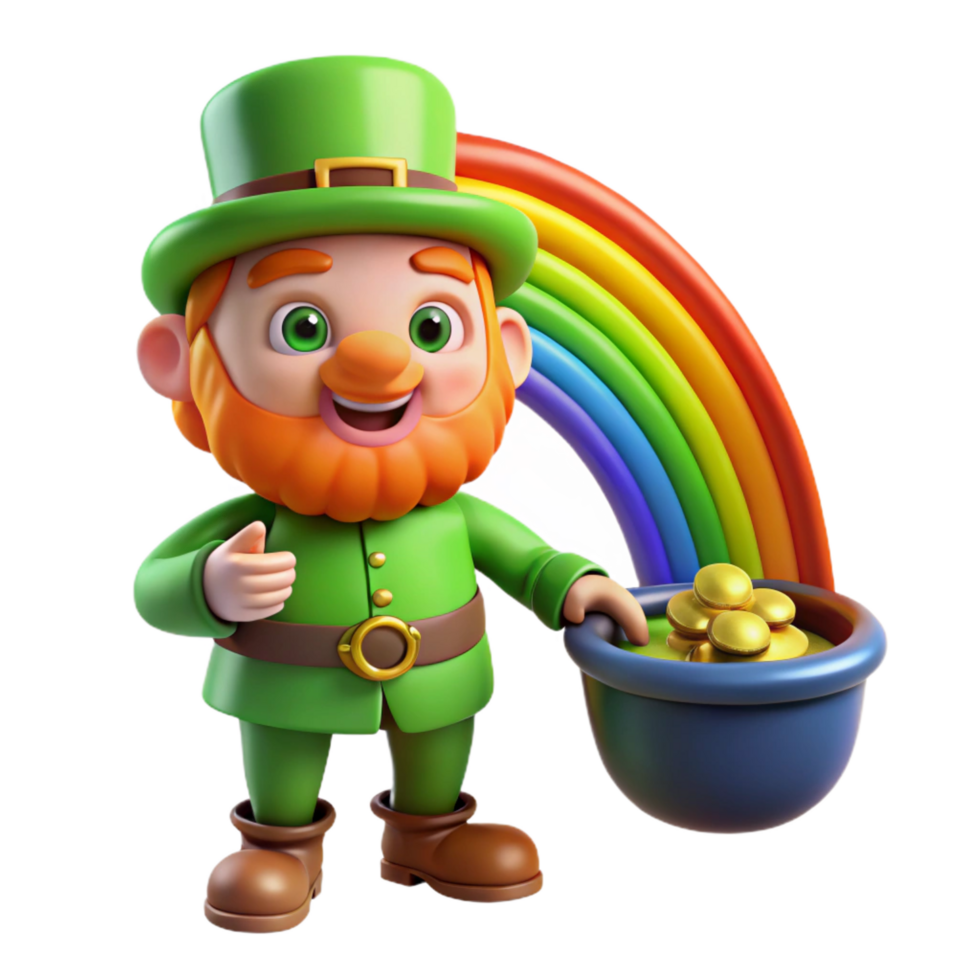 pristine harmonious retro A mischievous leprechaun guarding a pot of gold at the end of a rainbow, vibrant colours, cartoon style impeccable png