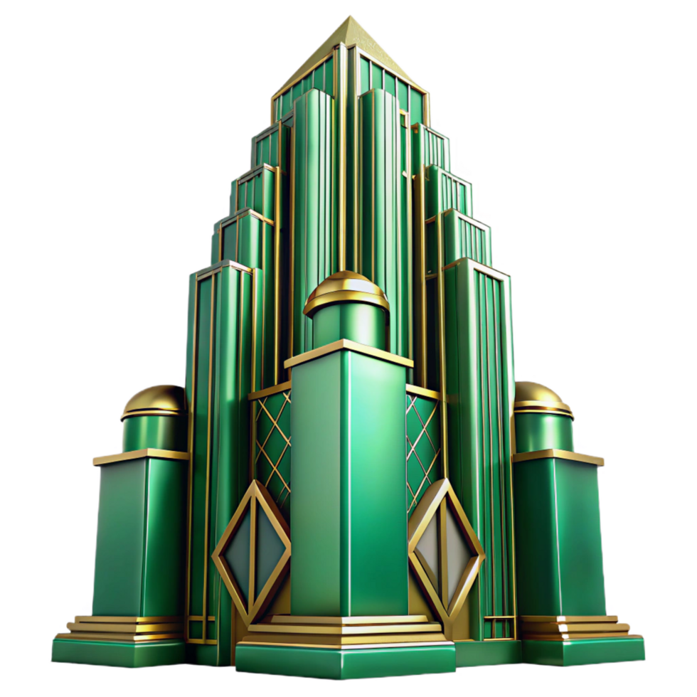 vibrant exceptional Art Deco skyscraper, emerald green and gold accents, intricate geometric patterns, volumetric lighting, cinematic angle, highly detailed, png