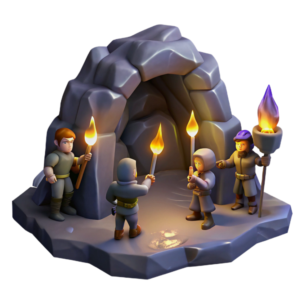 bold glorious A band of adventurers exploring a dark, mysterious cave, flickering torchlight, realistic style high resolution png