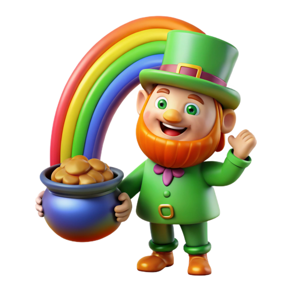 immaculate signature A mischievous leprechaun guarding a pot of gold at the end of a rainbow, vibrant, colorful lighting, cartoon style png