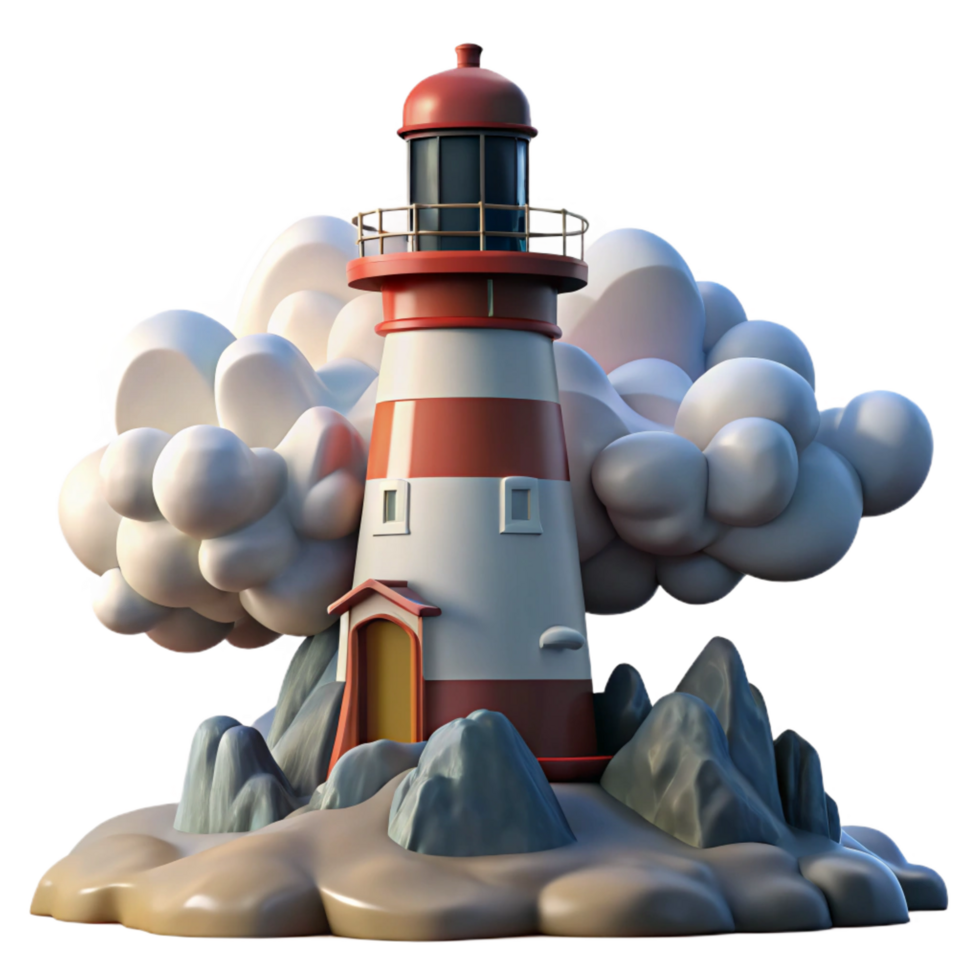 quintessential modern A towering lighthouse on a rocky coast, dramatic storm clouds and crashing waves, photorealistic style professional png