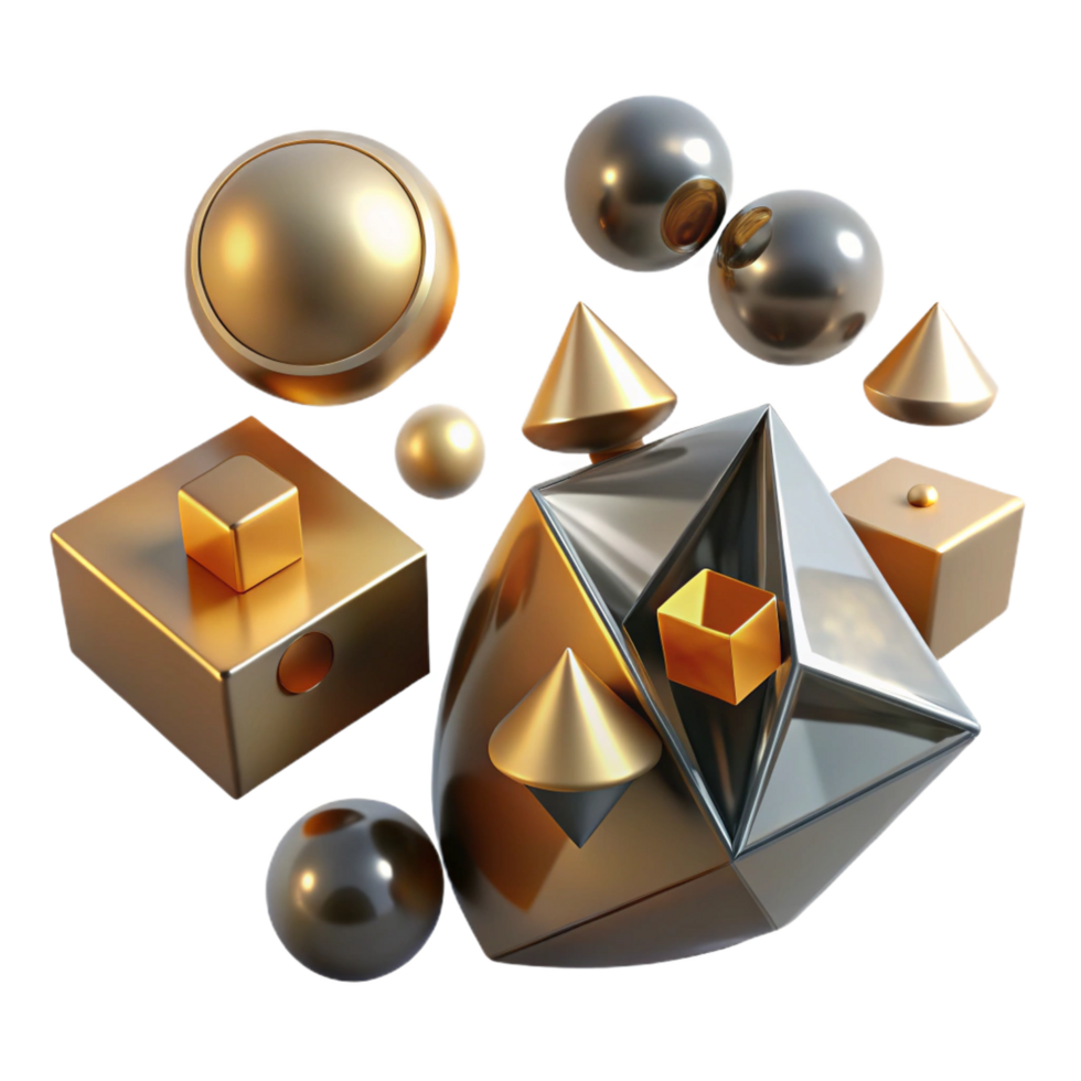 dreamy immaculate A field of floating, geometric primitives cubes, spheres, cones with a metallic texture, illuminated by a sharp, directional light source from above high resolution png