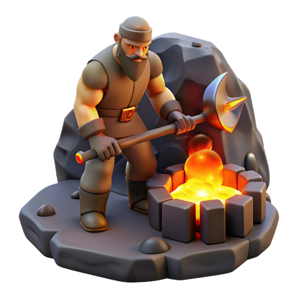 remarkable industrial A stoic Cyclops forging a weapon in a volcanic cave, lit by the glow of lava, realistic style crisp png