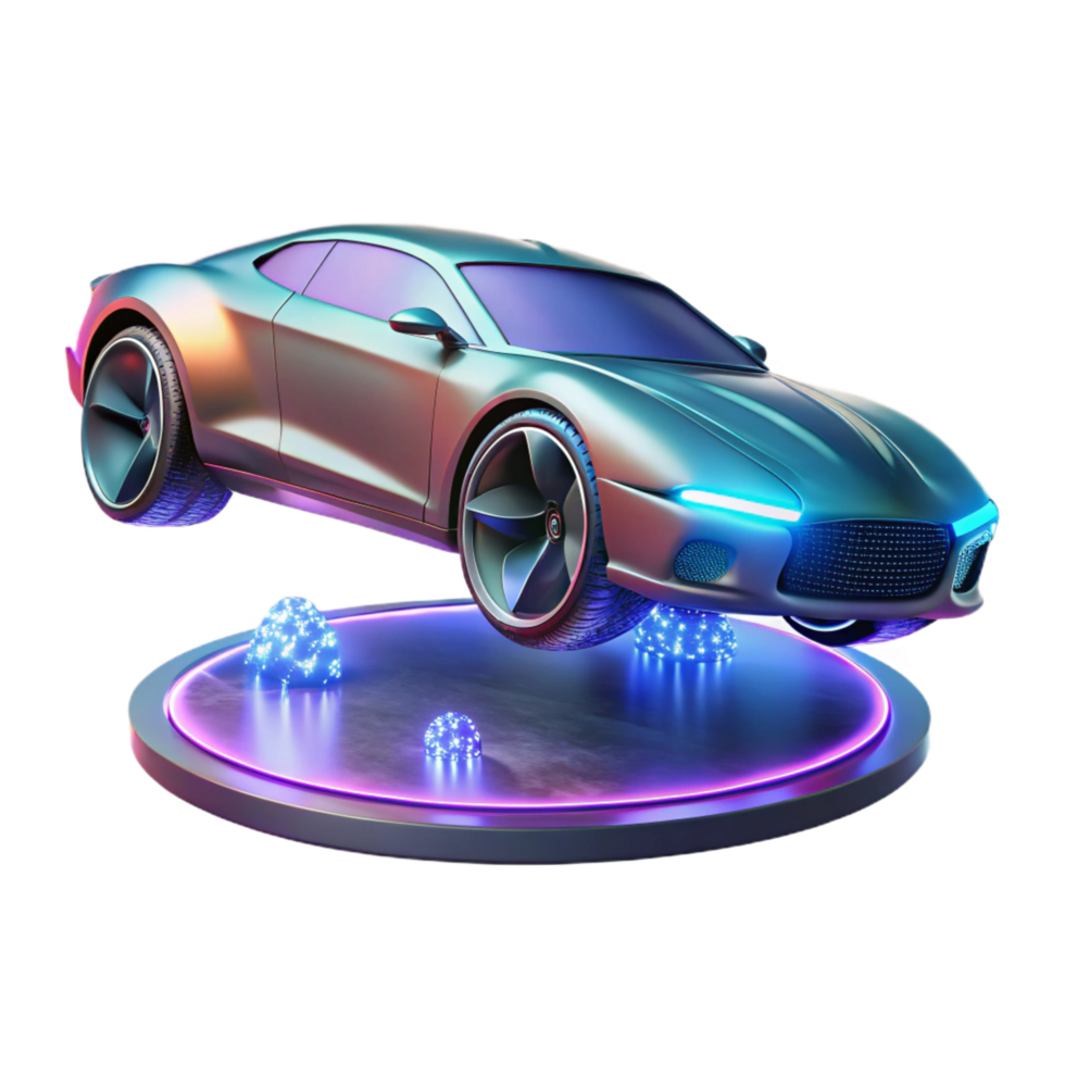 signature industrial A futuristic car hovering above the ground, sleek and aerodynamic design, neon city lights reflecting on its surface, cyberpunk style sharp png