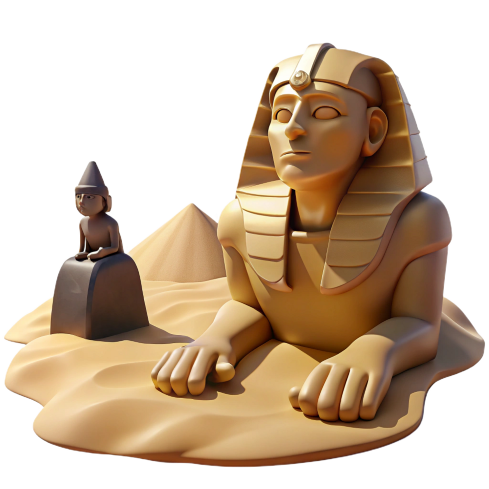 glorious peaceful retro A mysterious sphinx posing a riddle to a lone traveler in a desert landscape, harsh desert sunlight, in a symbolic surrealist style 4K png