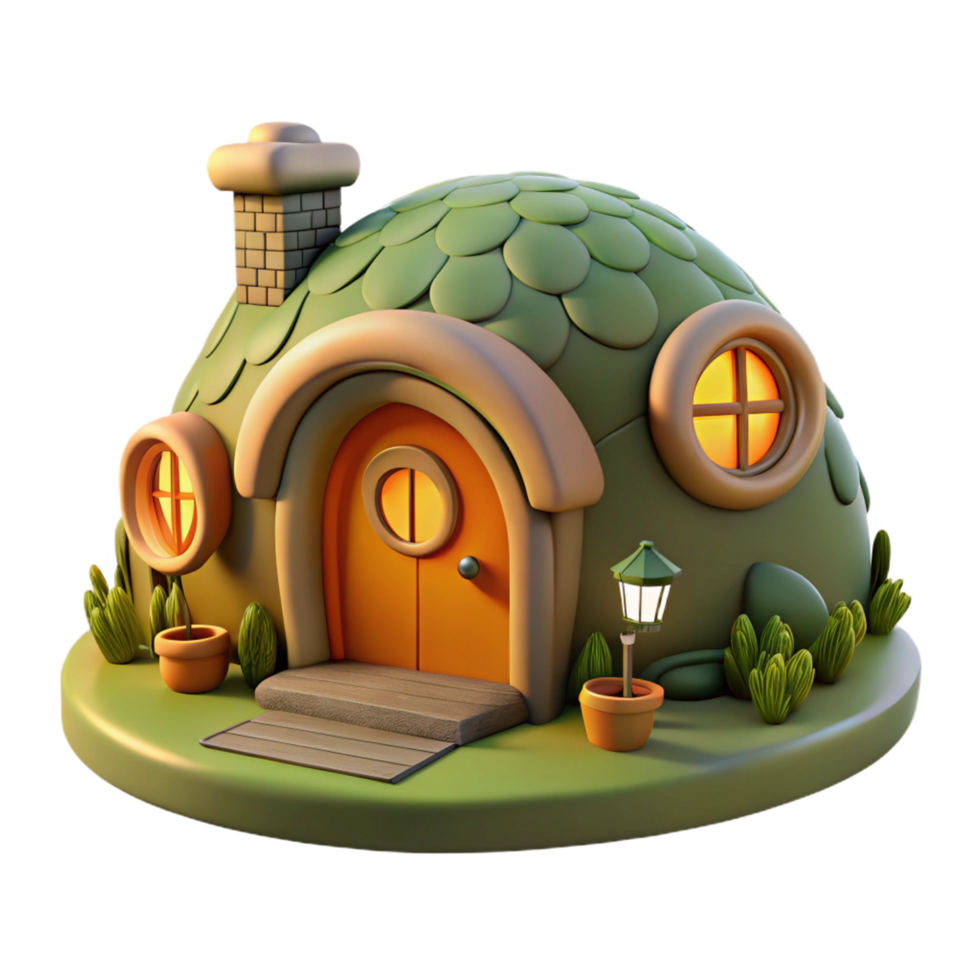enchanting surreal A cozy, hobbit hole style home built into a hillside, warm and inviting lighting, whimsical and charming style flawless png