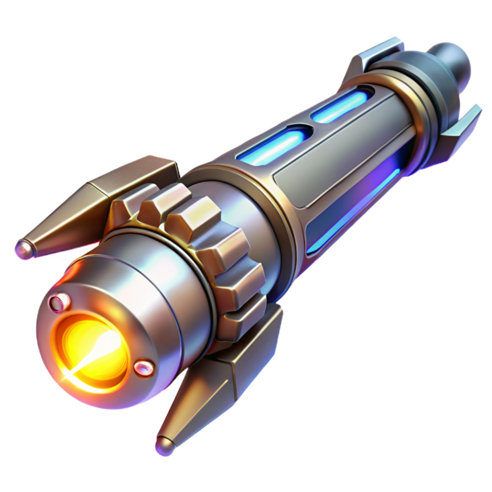 distinctive retro A futuristic weapon, sleek and metallic design, glowing energy core, dramatic lighting, science fiction concept art style handcrafted png