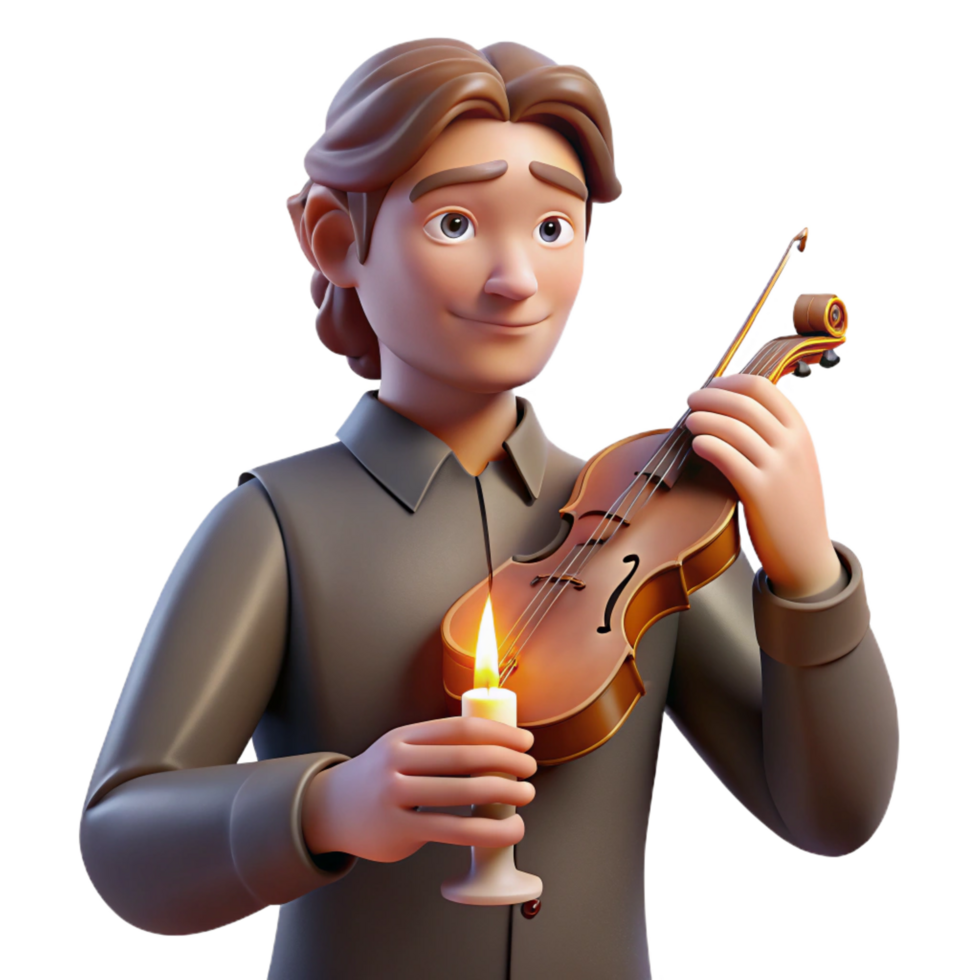 harmonious wonderful Portrait of a melancholic musician holding a violin, lit by the soft glow of a candle, in a Romantic style authentic png