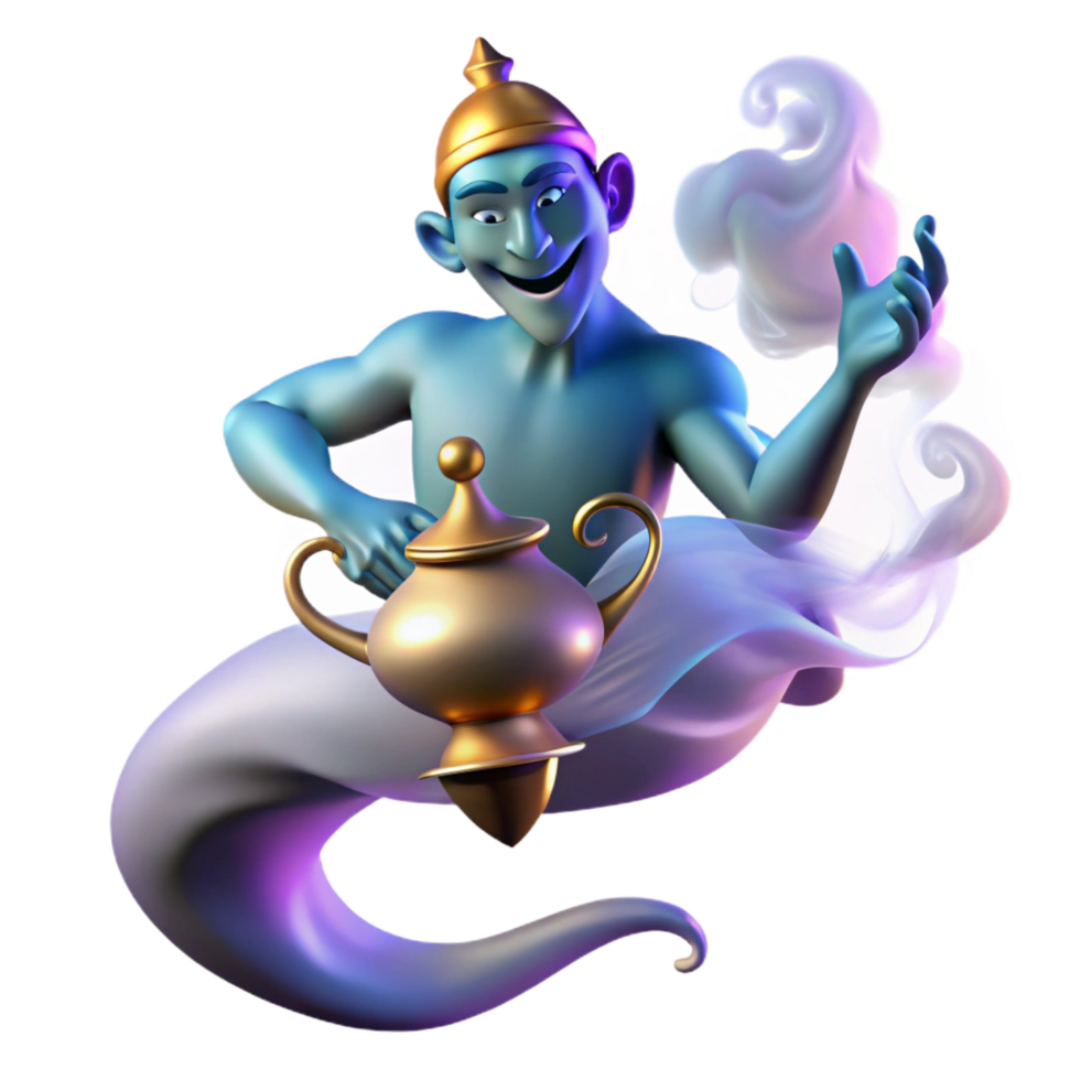 gorgeous reflective abstract A powerful djinn emerging from a magic lamp, surrounded by swirling smoke, illuminated by an ethereal glow. Arabian Nights style expertly shot png