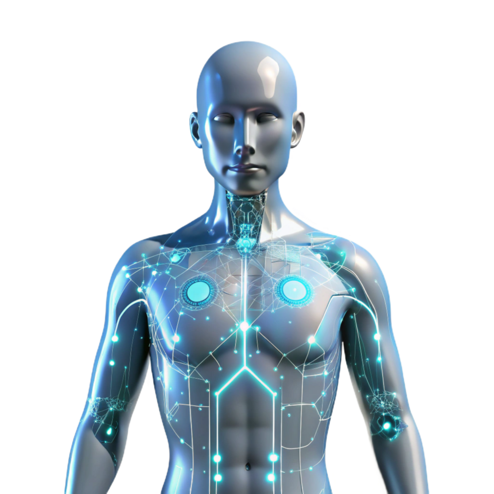 exquisite retro A transparent human figure with glowing circuitry visible beneath the skin, surrounded by data streams, illuminated by a soft white light, in a cyberpunk style expertly shot png