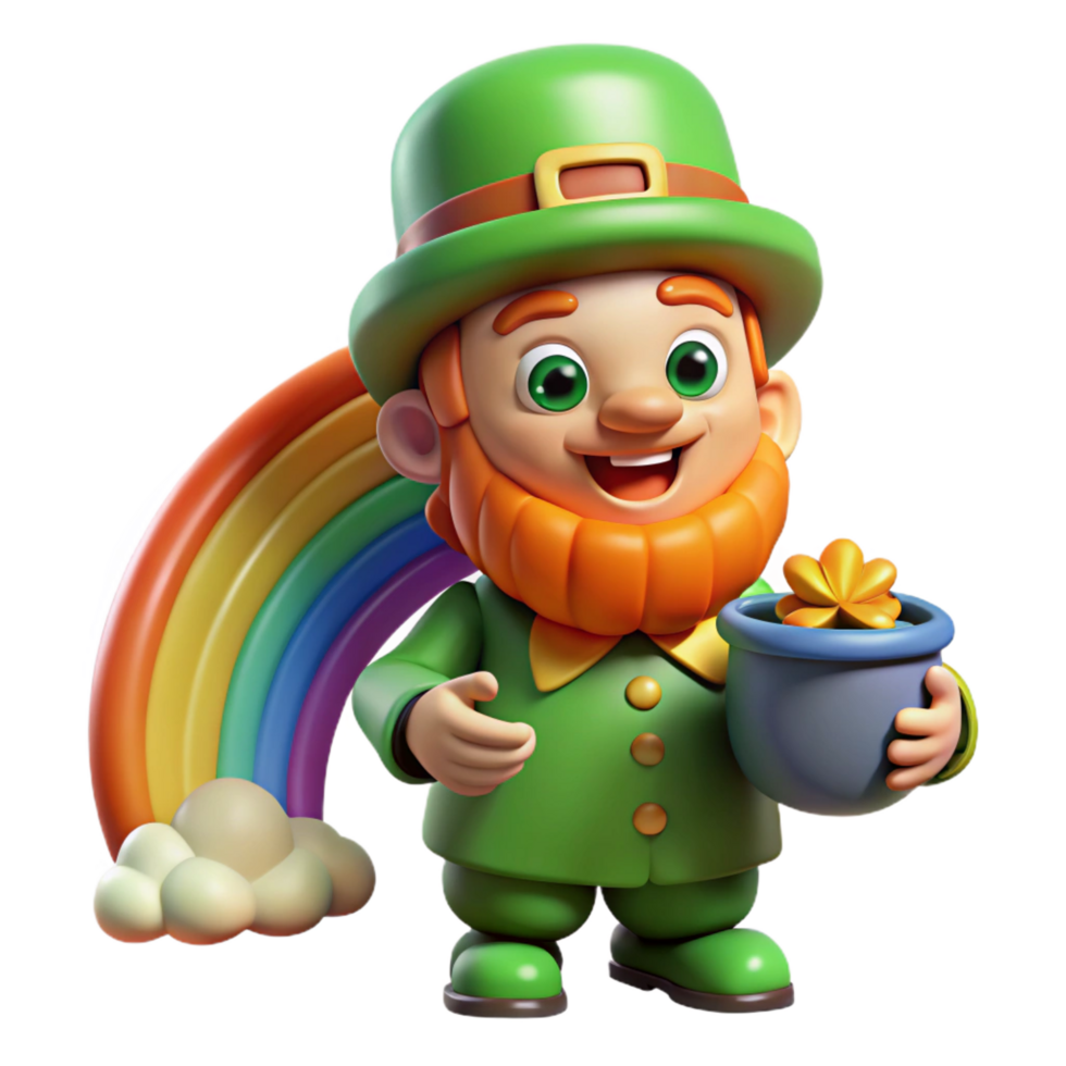 intense beautiful A mischievous Leprechaun hiding a pot of gold at the end of a rainbow, bright, cheerful lighting, cartoon style handcrafted png
