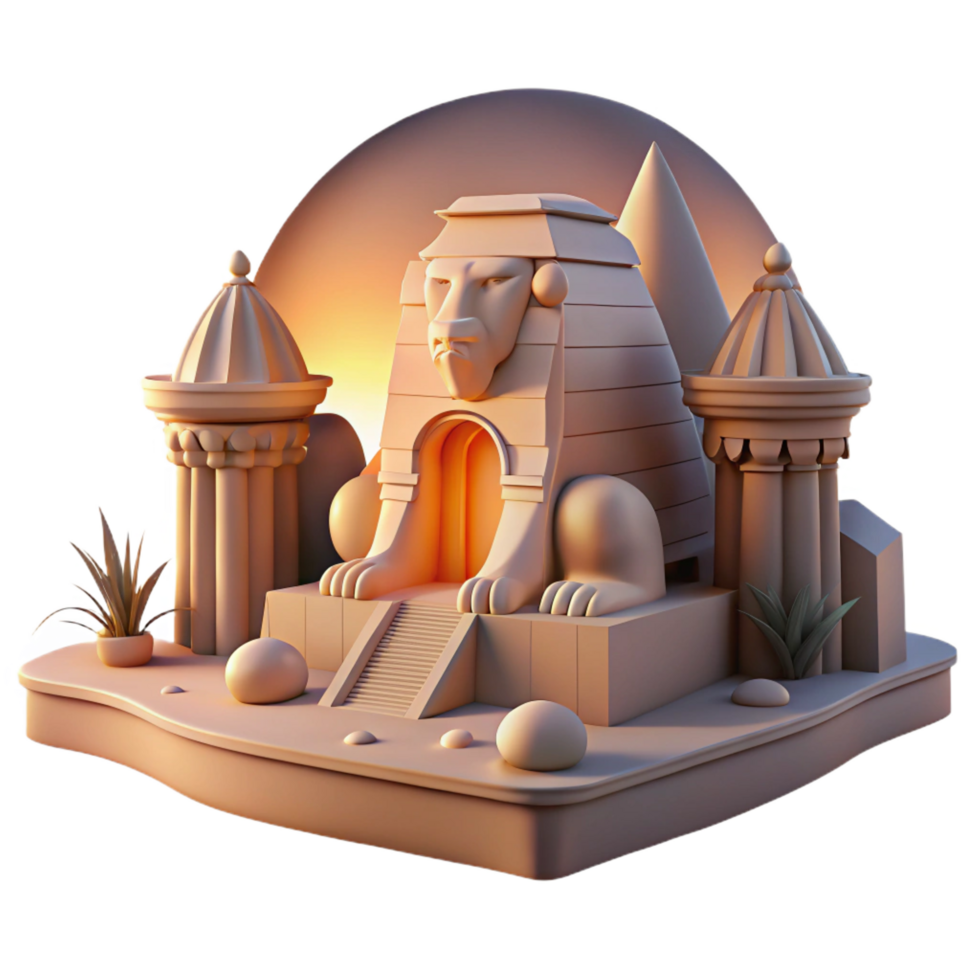 signature minimalist A mysterious sphinx guarding a hidden temple, desert sunset lighting, Art Deco style premium png