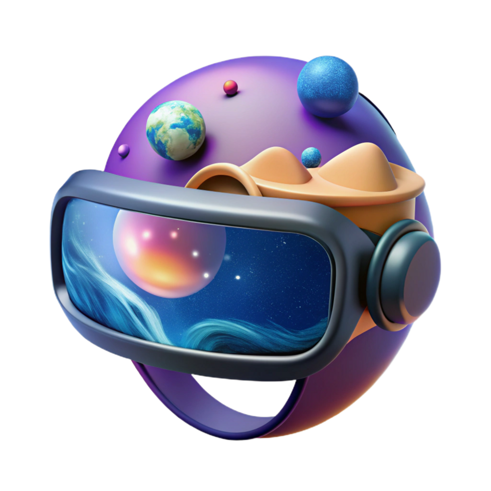 elegant modern A virtual reality headset floating in space, displaying a vibrant, otherworldly landscape, lit by the virtual environment s light source premium png