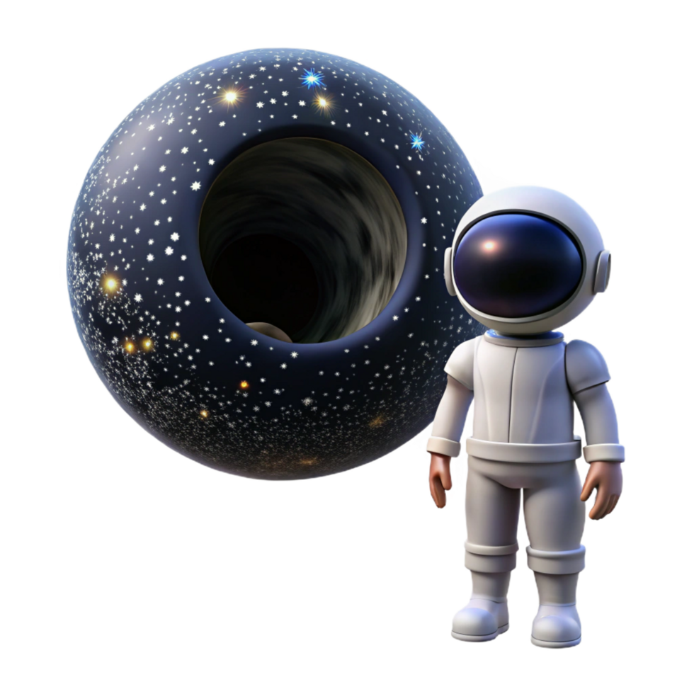 dreamy magnificent A lone astronaut gazing at a colossal black hole, stars swirling around it, depicted in a photorealistic style with cosmic dust particles impeccable png