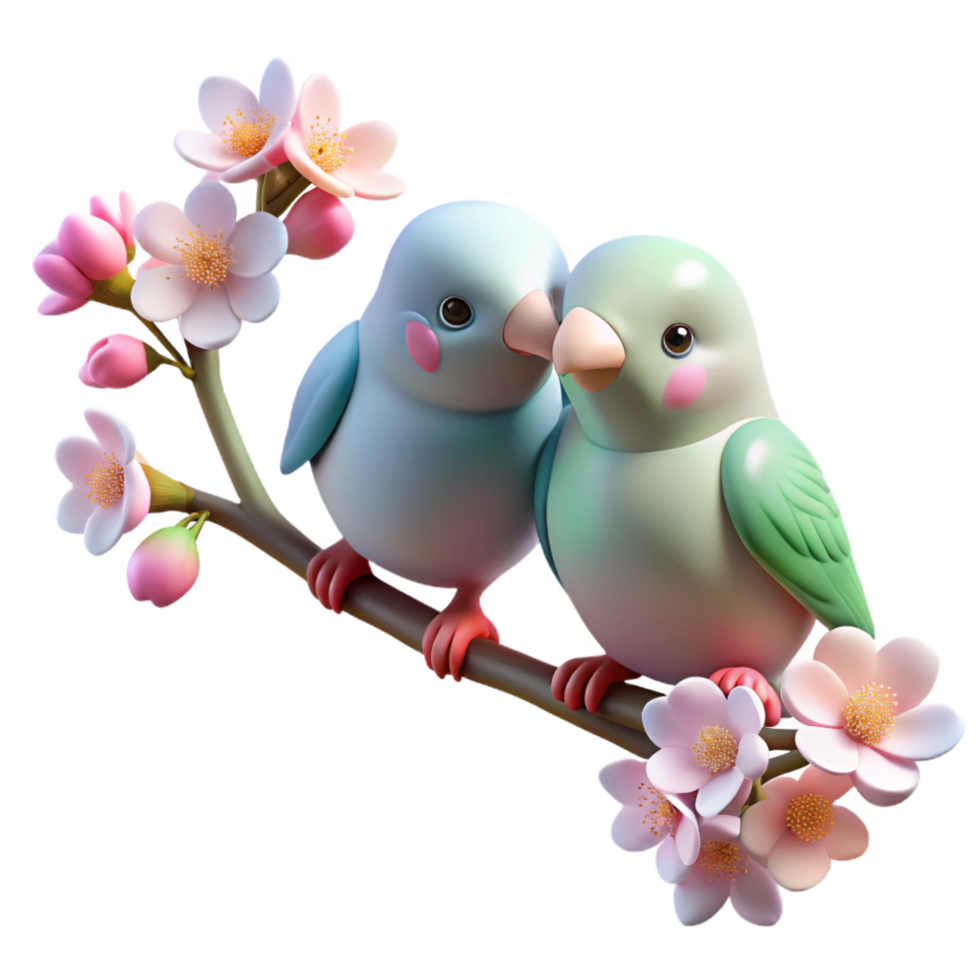 whimsical dazzling A pair of lovebirds perched on a blossoming cherry tree branch, soft pastel colors and bokeh effect, romantic illustration style 8K png