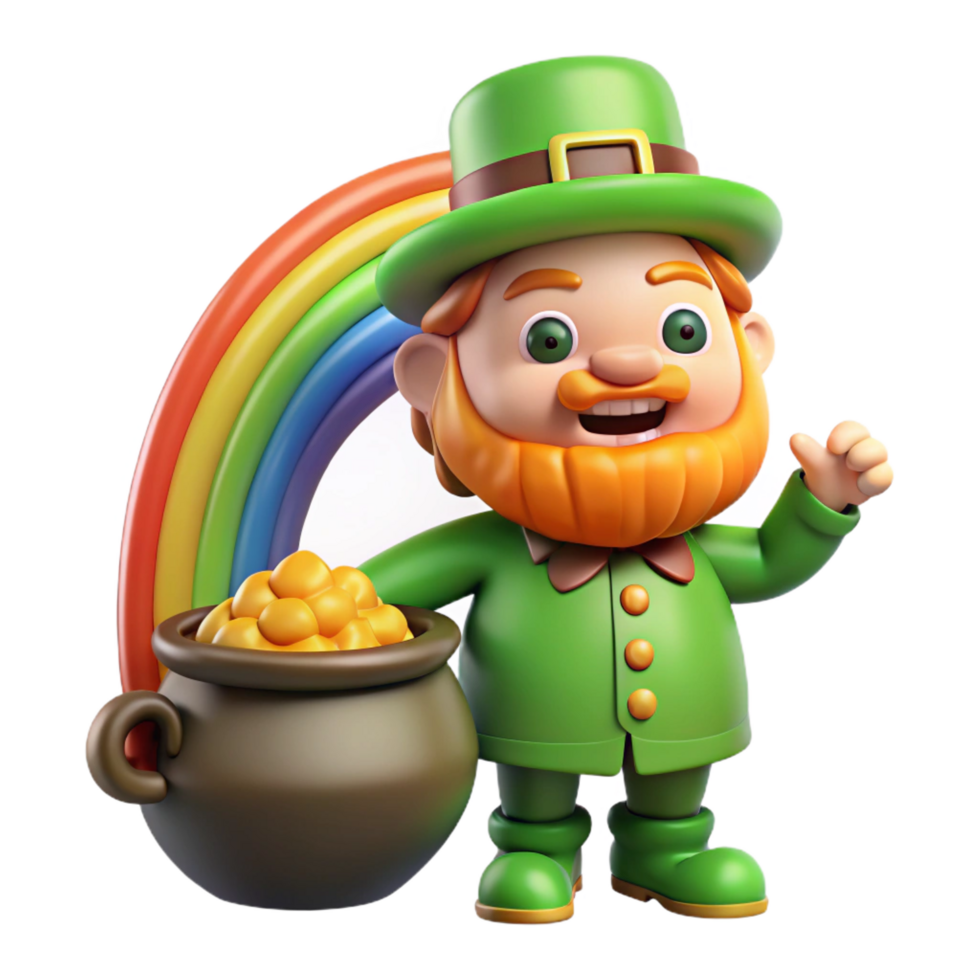 iconic retro A mischievous leprechaun guarding a pot of gold at the end of a rainbow, whimsical, cartoon style detailed png