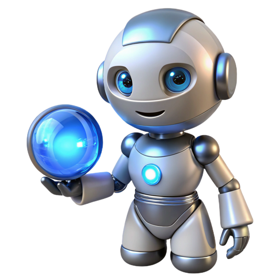extraordinary contemporary A sleek, silver robot, with glowing blue eyes, holds a glowing orb of energy, illuminated by the orb s light. Anime style, soft lighting flawless png