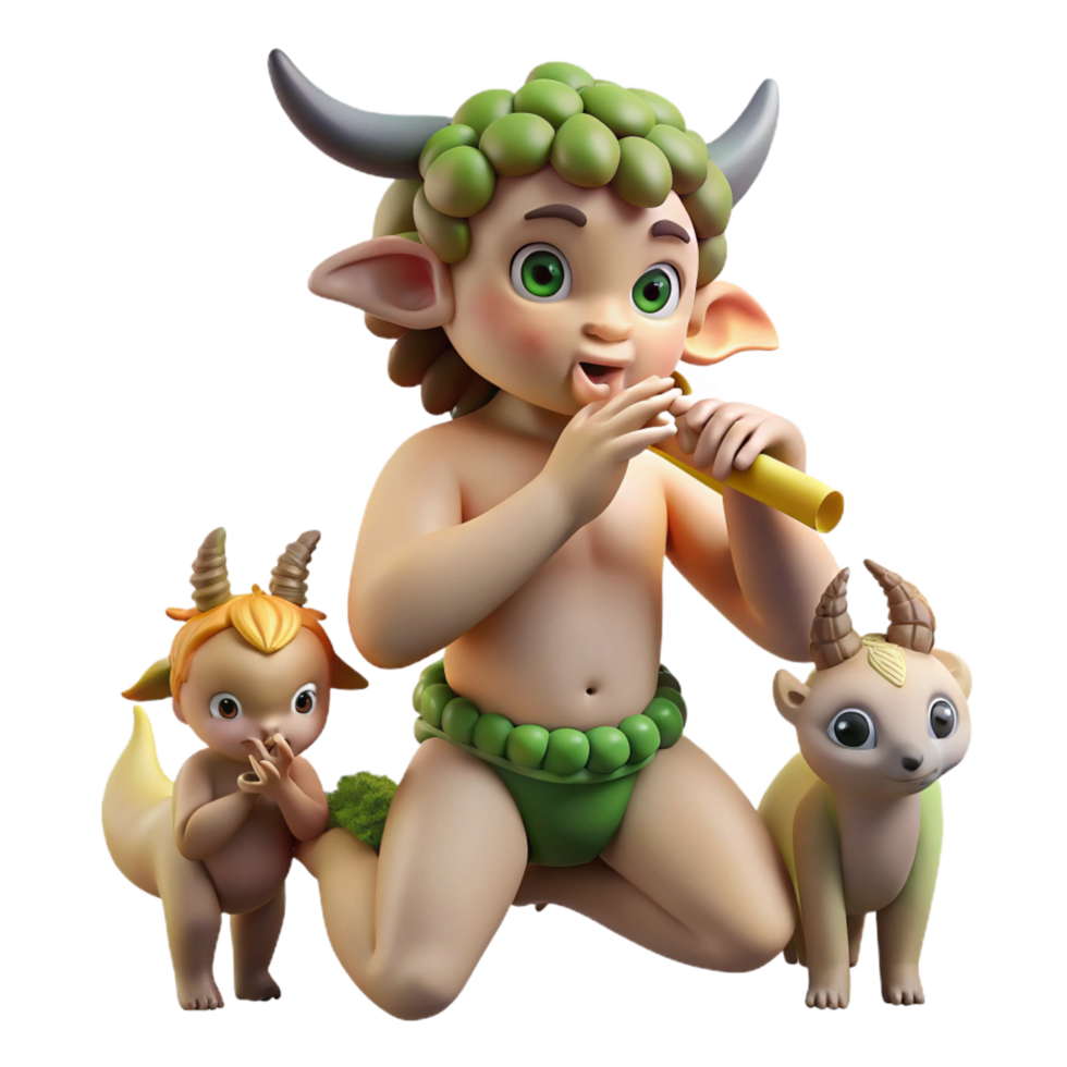 hypnotic contemporary A mischievous satyr playing a pan flute in a sunlit forest glade, surrounded by playful nymphs. Romantic style premium png
