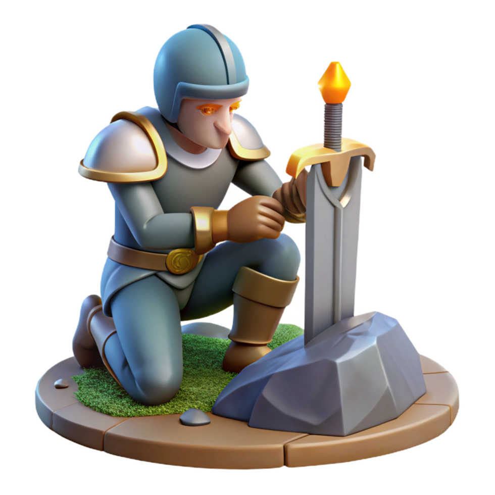 iconic minimalist A lone knight kneeling before a mystical sword embedded in a stone, soft sunlight, romanticism style ultra HD png