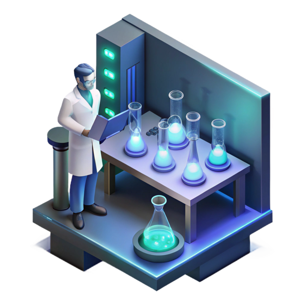 energetic pristine A lone scientist working in a high tech laboratory, surrounded by bubbling beakers and glowing screens, cool lighting, isometric view, pixel art, flawless png