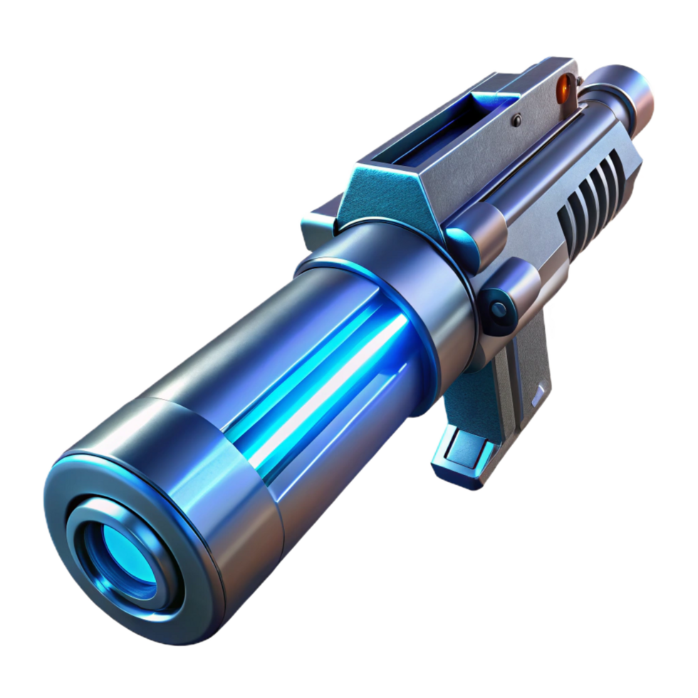 serene dramatic gothic A futuristic weapon, sleek and metallic, emitting a faint blue glow, illuminated by a cool, neon light, sci fi style gallery standard png