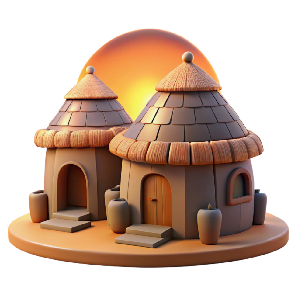 calm sumptuous A traditional African mud hut village, warm sunset lighting, peaceful atmosphere, genuine png
