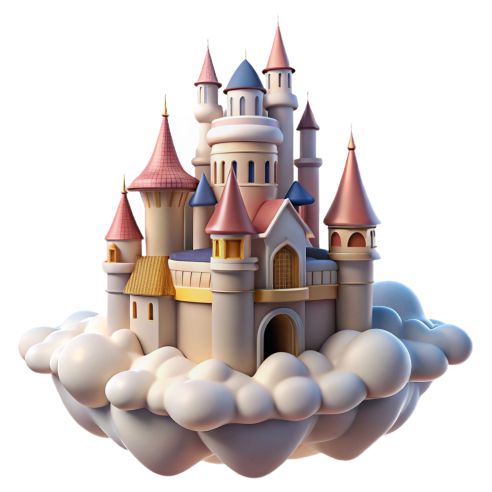 quintessential bohemian A majestic castle floating in the clouds, soft sunlight, dreamlike and romantic style detailed png