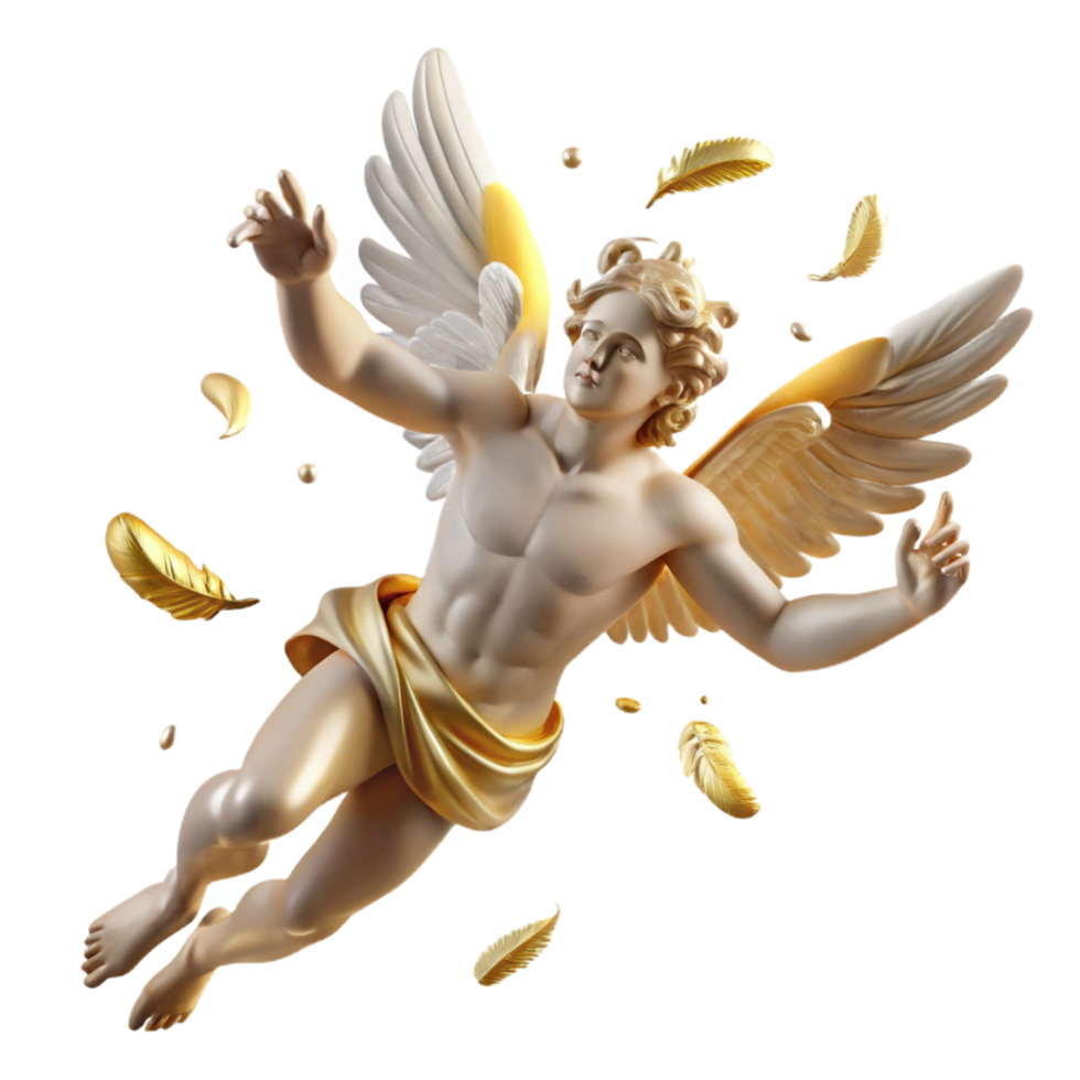 elegant remarkable Icarus falling from the sky, feathers scattered, wax melting, Renaissance style, tragic, golden lighting, png