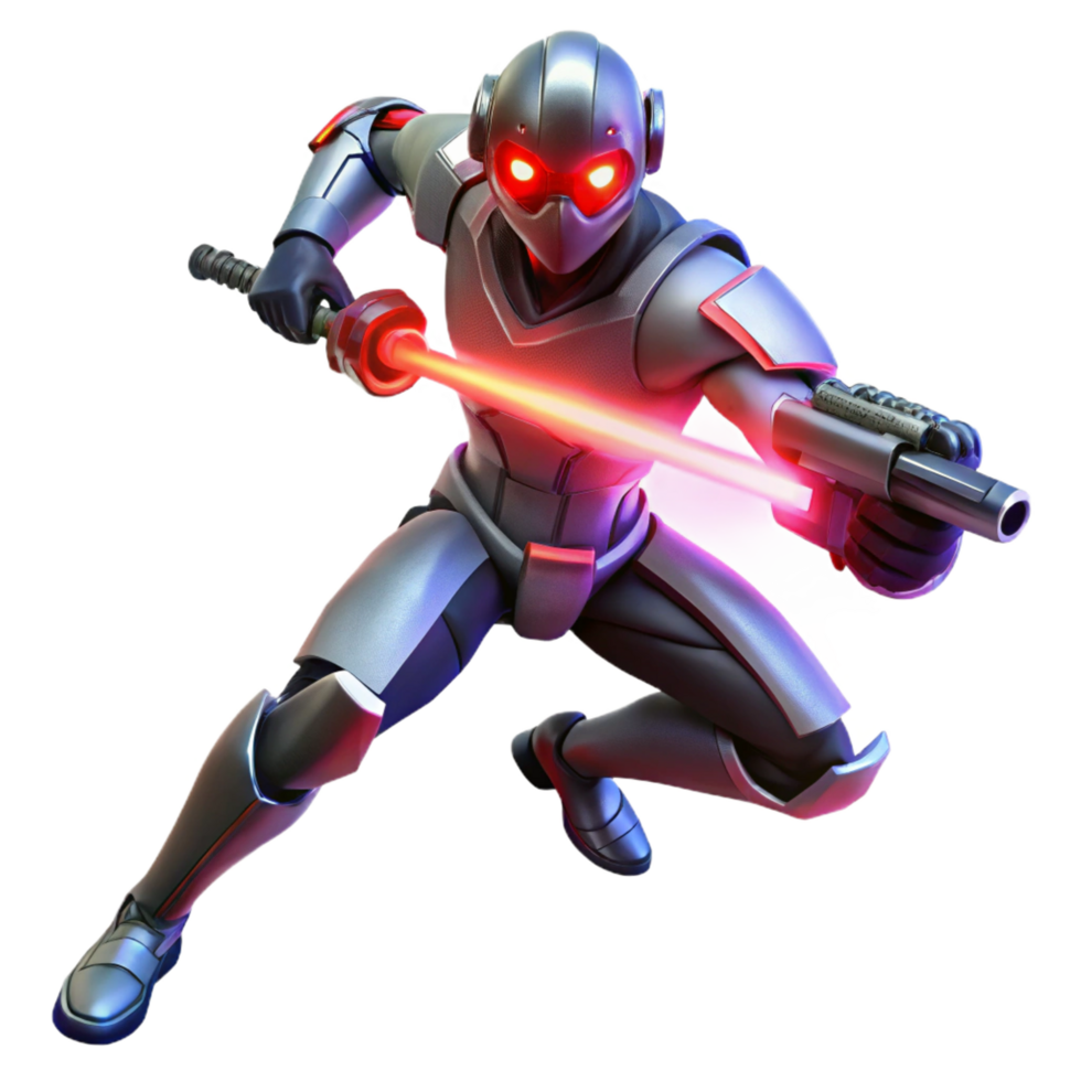 extraordinary classic A cyborg with glowing red eyes, wielding a futuristic energy weapon, dynamic pose, neon lighting, cyberpunk style, elite png