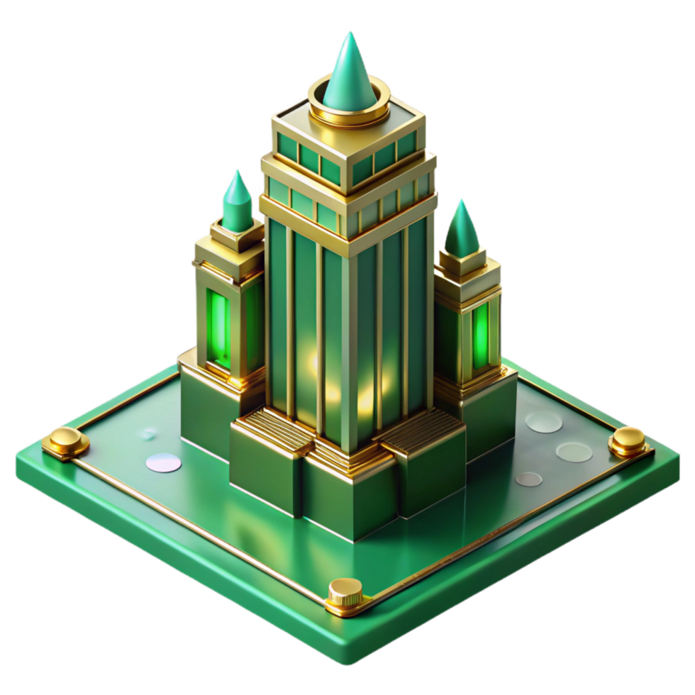 unparalleled tropical Art Deco skyscraper, emerald green and gold accents, volumetric lighting, highly polished surfaces, raining, reflections in puddles, isometric view professional png