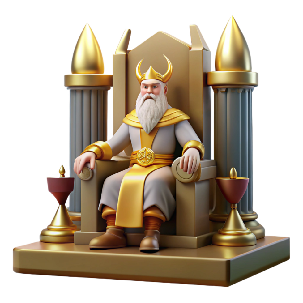 romantic wonderful A wise Odin sitting on his throne, grand hall with golden light, Norse Mythology style masterfully captured png