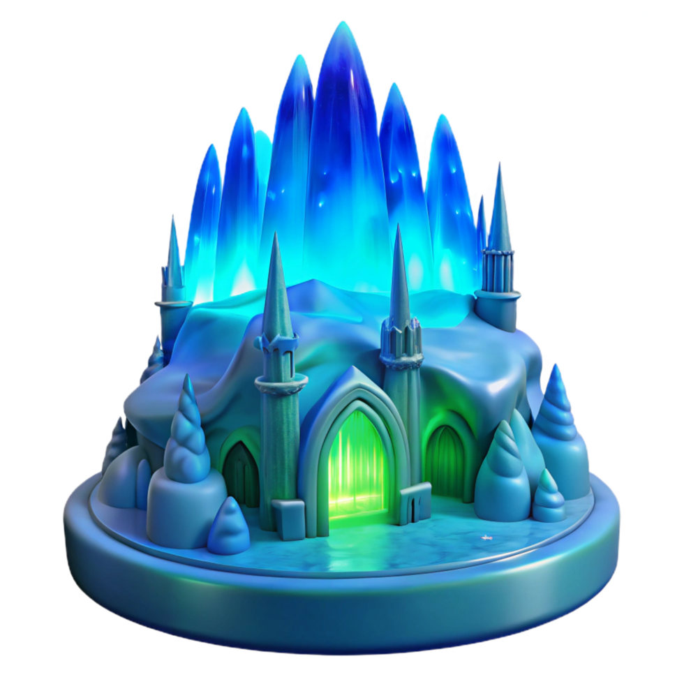 stunning vintage An ice palace with intricate carvings, glowing blue light, aurora borealis in the sky exclusive png