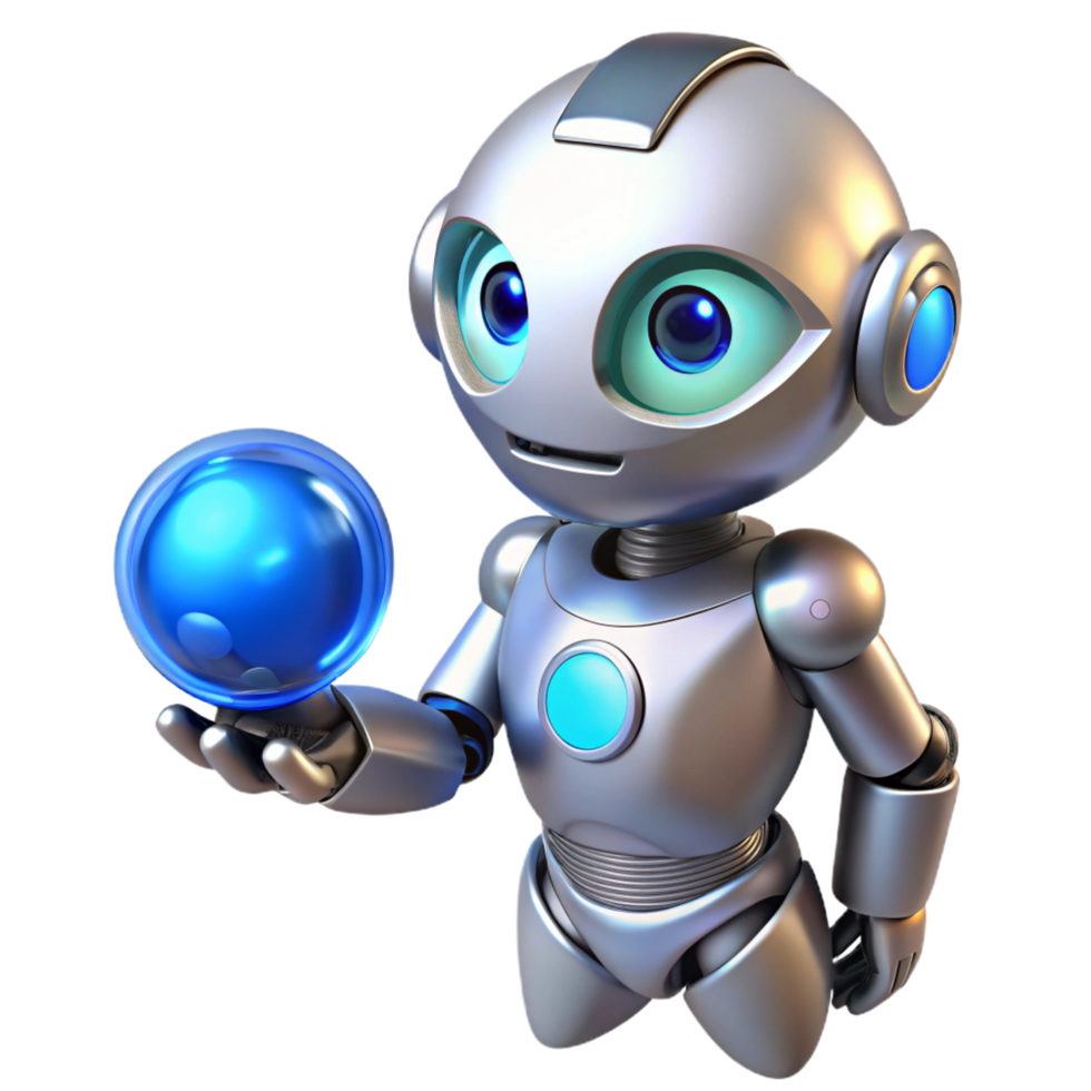 alluring nostalgic bohemian A sleek, silver robot, with glowing blue eyes, holds a glowing orb of energy, illuminated by the orb s light. Anime style, soft lighting sharp png