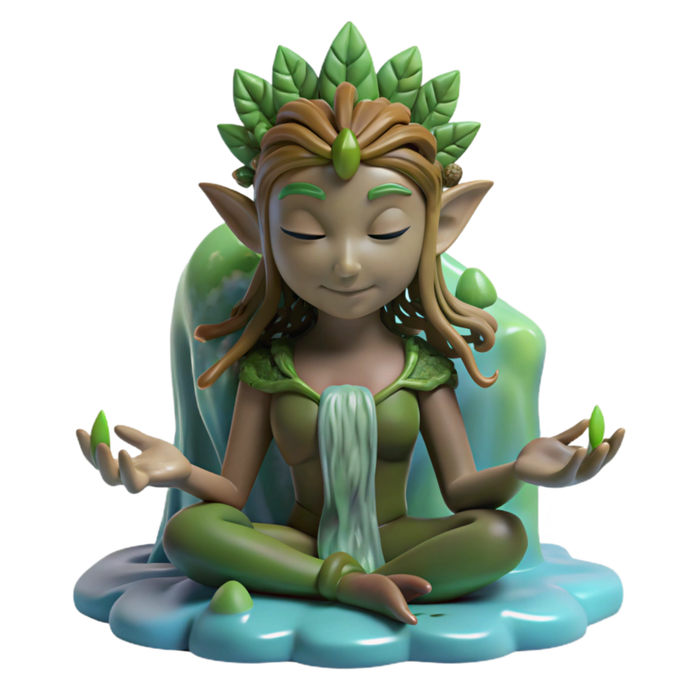 immaculate dynamic modern A serene dryad with skin of bark and hair of leaves, meditating beneath a waterfall, peaceful and calming authentic png