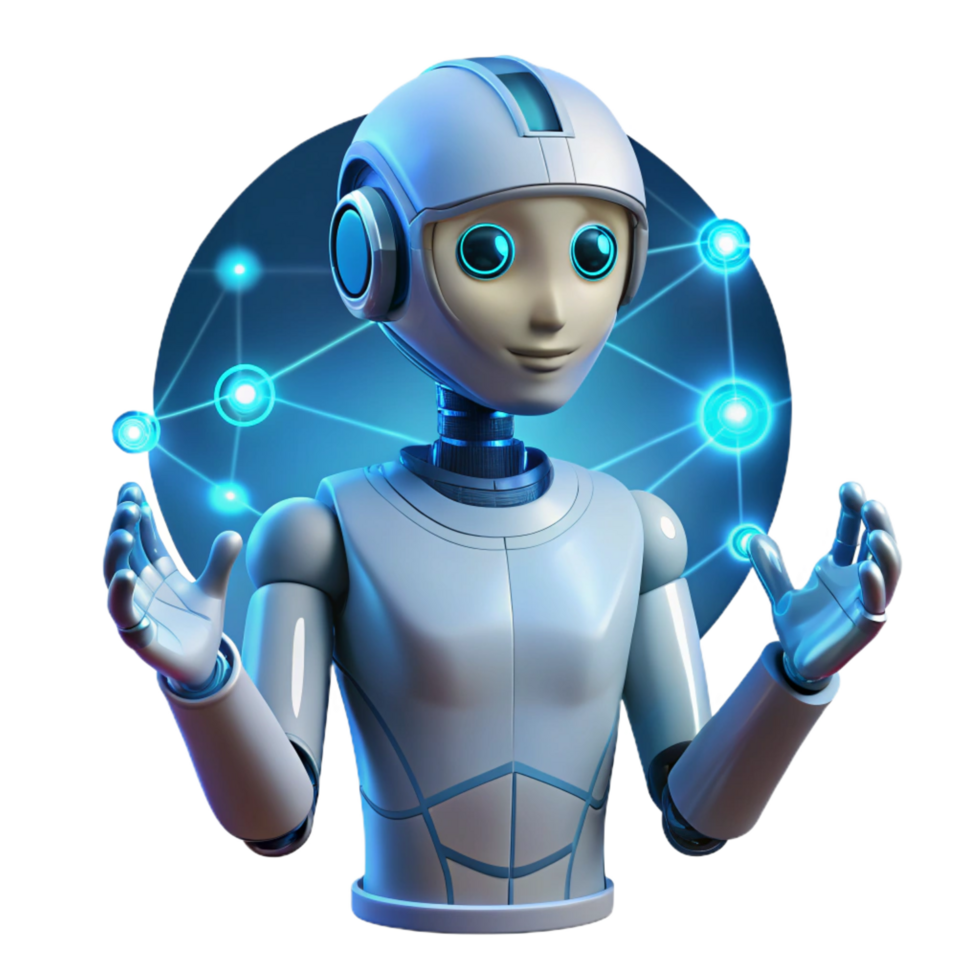 captivating signature A transparent humanoid robot interacting with a holographic interface, data streams flowing around its hands, illuminated by ambient blue light, in a futuristic, sleek style png
