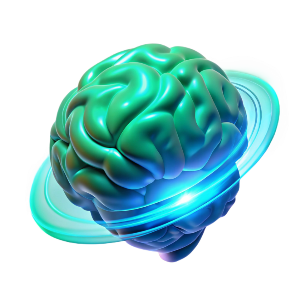 striking timeless A holographic projection of a human brain, rotating slowly, pulsing with energy, cool blue and green lighting, scientific illustration style png